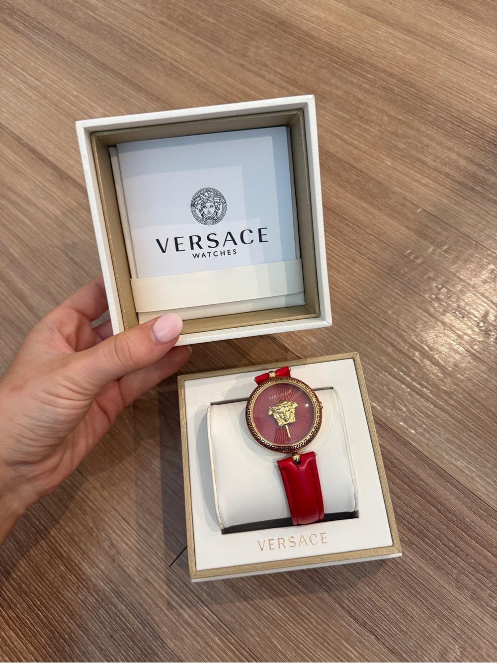 Versace Red Leather Medusa Dial Women's Watch with Gold Accents
